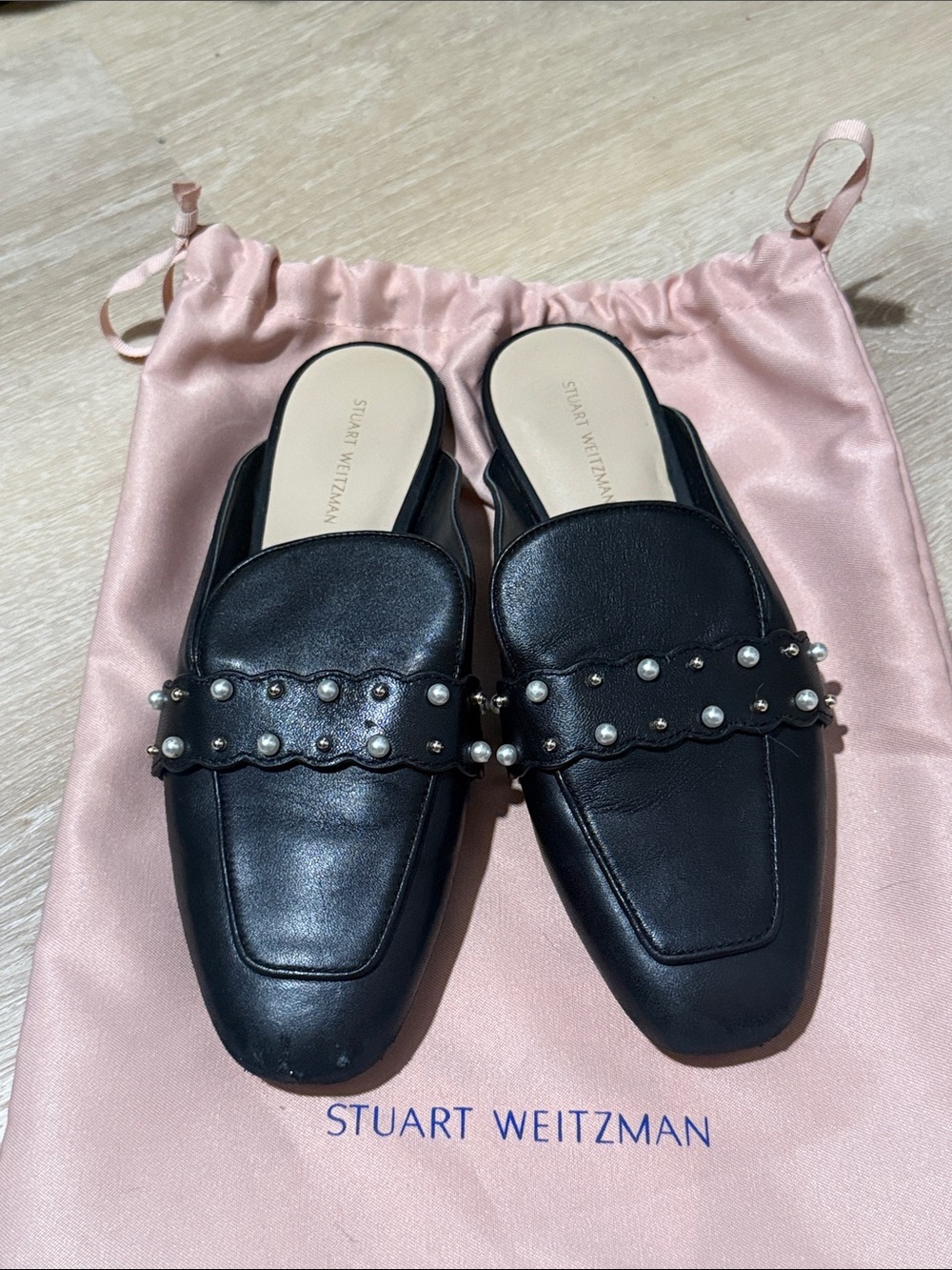 Stuart Weitzman Black Pearl-Studded Leather Loafers